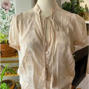 XXI blouse tan color embroidered size M short sleeves elastic band around waist